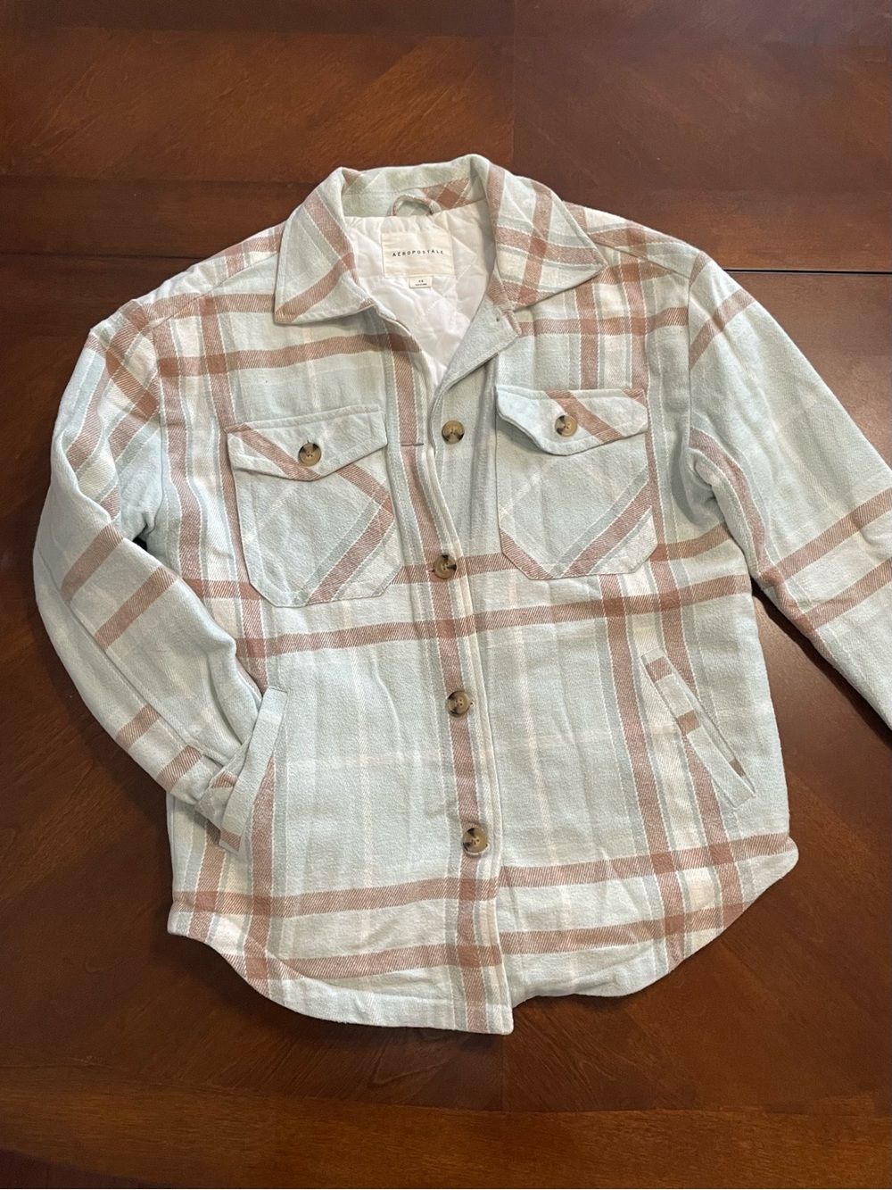 Aeropostale Plaid Button-Up Jacket - Light Blue & Tan